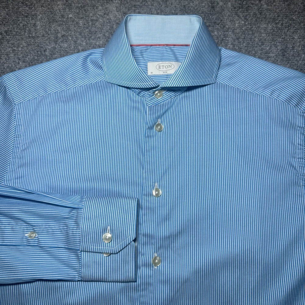 Eton Button Up Dress Shirt Men 15 38 Slim Blue White Striped Long Sleeve Cotton